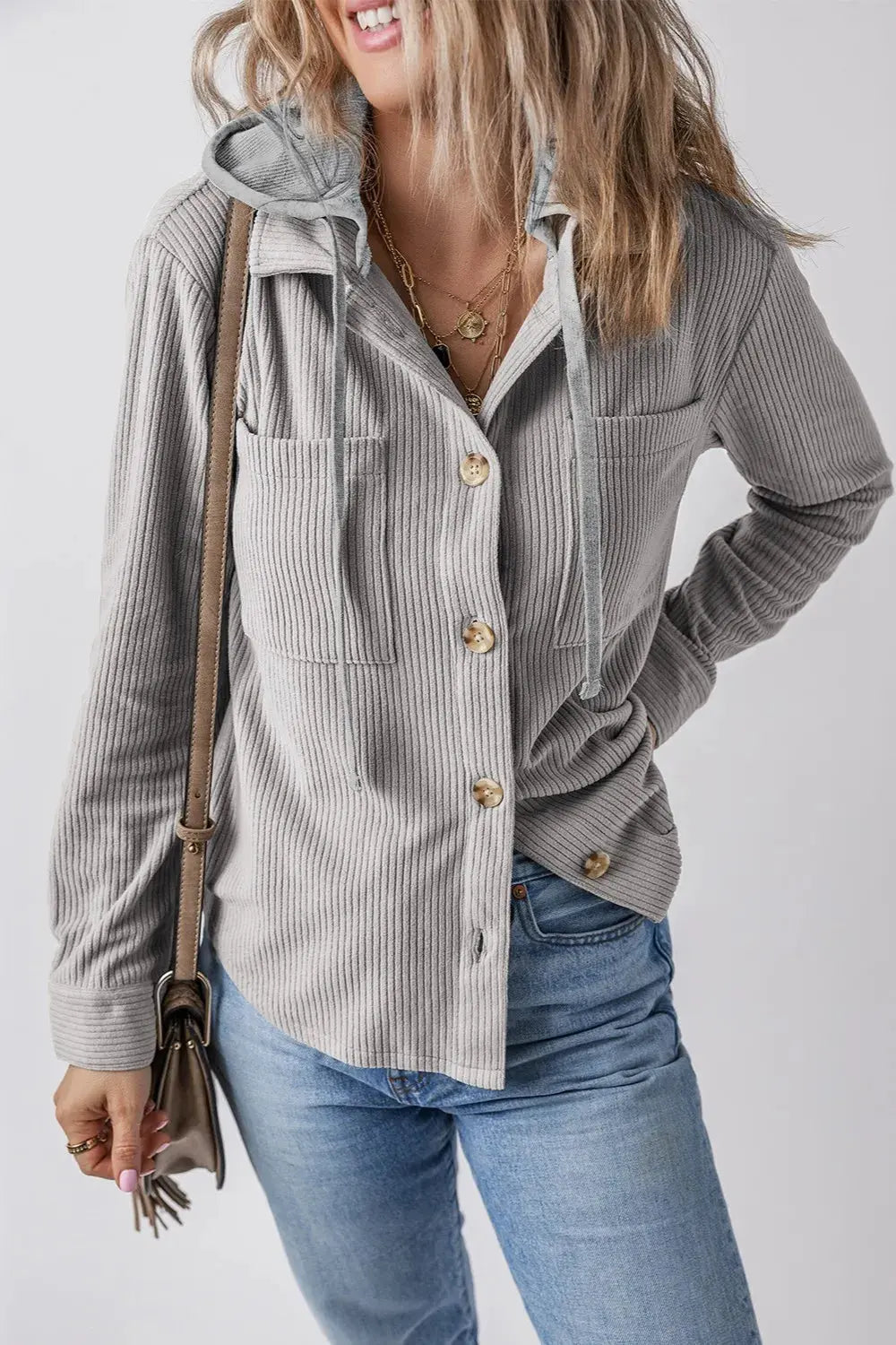 Chaqueta con capucha de manga larga con botones y cordón ajustable eprolo