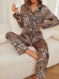 Leopard Button Up Long Sleeve Top and Pants Lounge Set - Skinluminova