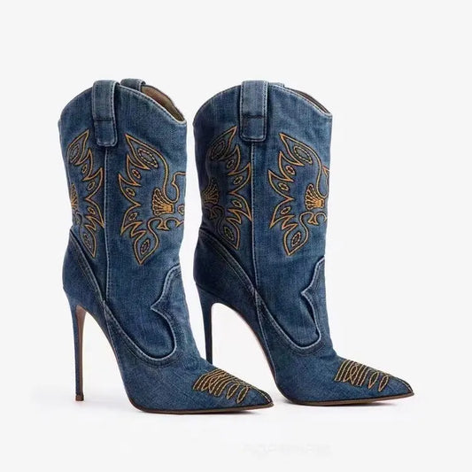 Botas vaqueras de tacón alto para mujer, punta fina, tubo corto bordado, diseño delgado, sexy y de moda. eprolo