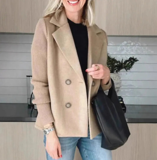 Abrigo cruzado con solapa y mangas de punto para mujer - Skinluminova