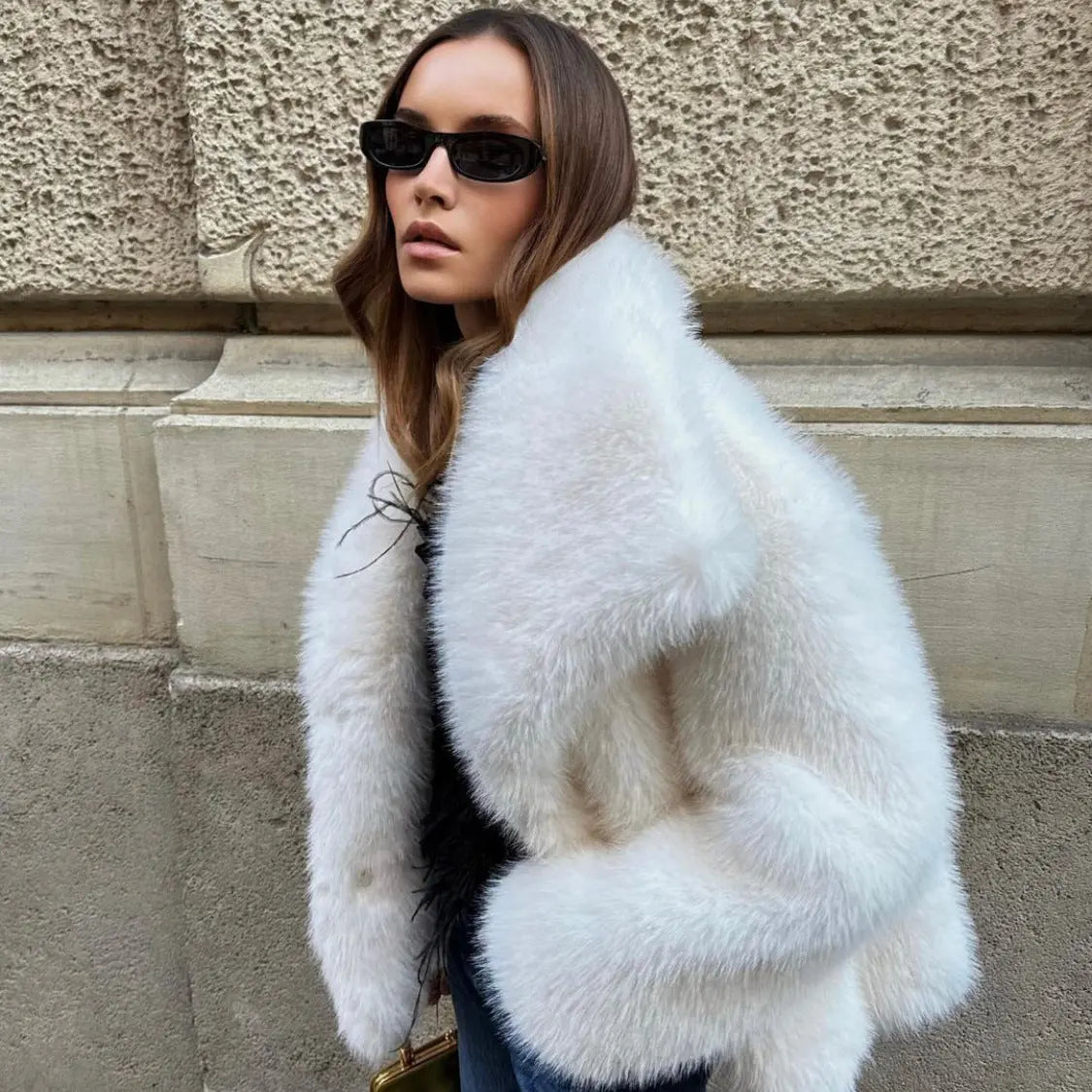 Abrigo de piel sintética de solapa grande de moda, elegante y socialité, abrigo cálido de manga larga, top de piel eprolo