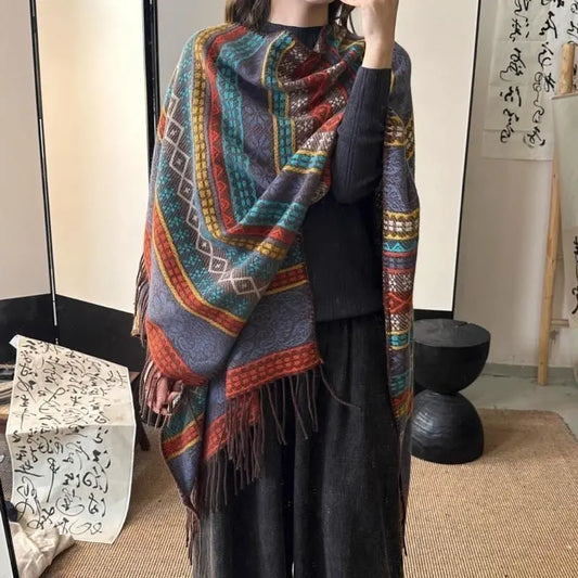 Chal de borlas de color con contraste de rayas de viento étnico para mujer, bufandas de invierno, otras bufandas, chales, bufanda de verano eprolo