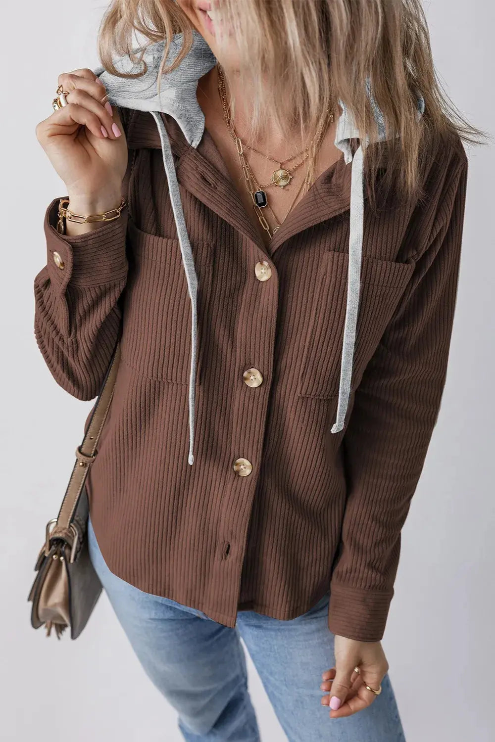 Chaqueta con capucha de manga larga con botones y cordón ajustable eprolo