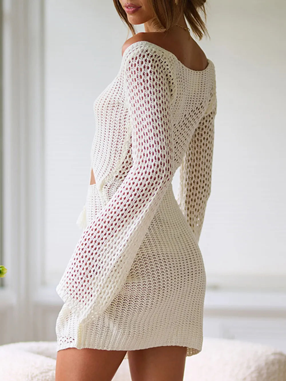 Vestido Sexy de Playa con Tejido Calado y Hombros al Aire eprolo