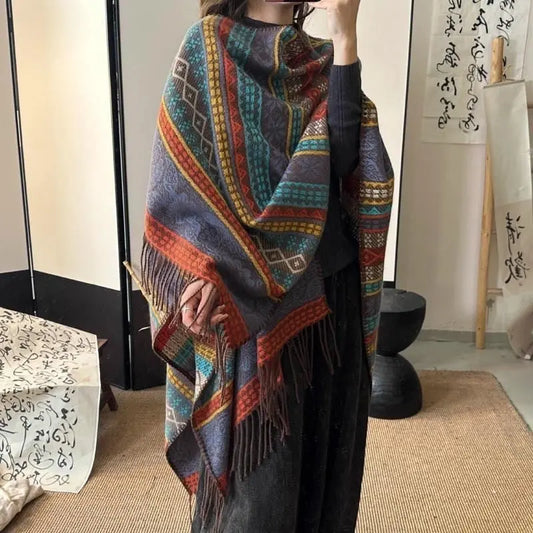 Chal de borlas de color con contraste de rayas de viento étnico para mujer, bufandas de invierno, otras bufandas, chales, bufanda de verano eprolo
