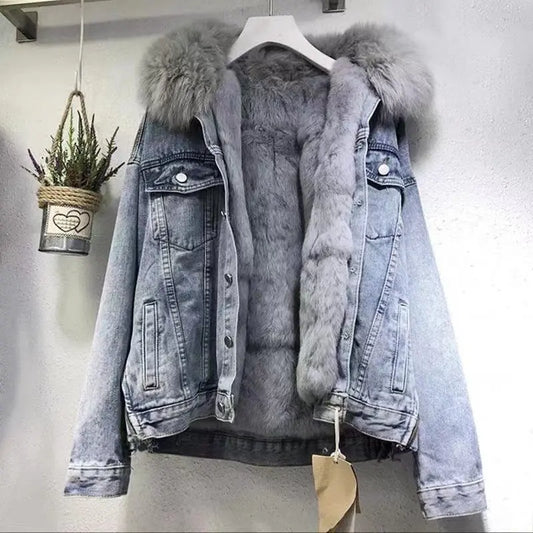 Abrigo de algodón y terciopelo de estilo nuevo de invierno, abrigo holgado estilo coreano con cuello de piel de mezclilla, abrigo grueso para mujer eprolo