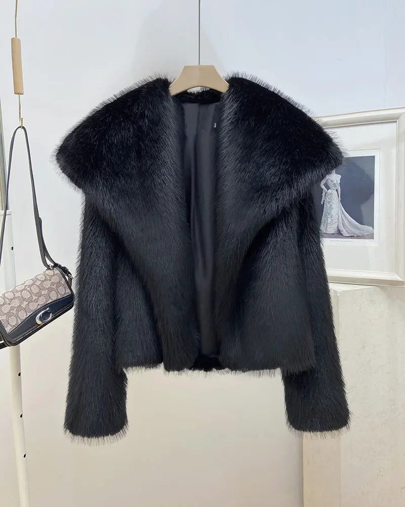 Abrigo de piel sintética de solapa grande de moda, elegante y socialité, abrigo cálido de manga larga, top de piel eprolo