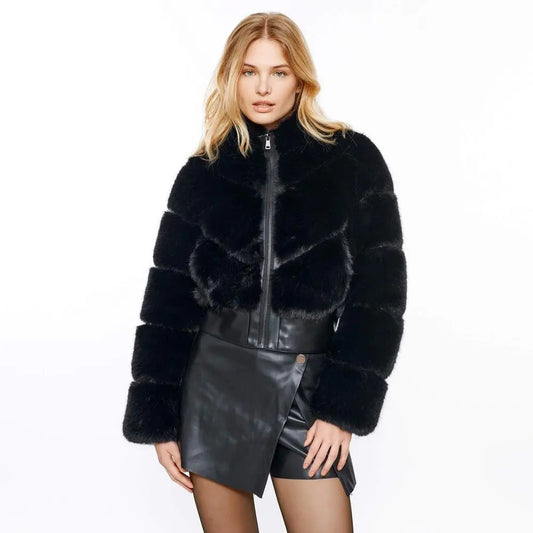 Chaqueta de estilo europeo y americano, estilo corto, cuello alto, empalme, chaqueta de manga larga, ropa de mujer eprolo