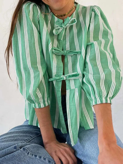 Camisa con manga globo y cuello redondo atado eprolo