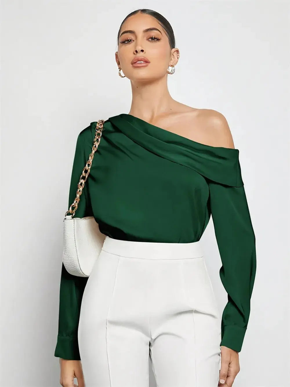 Top camisero de satén doblado otoño e invierno camisa de manga larga con hombros descubiertos ropa de mujer eprolo