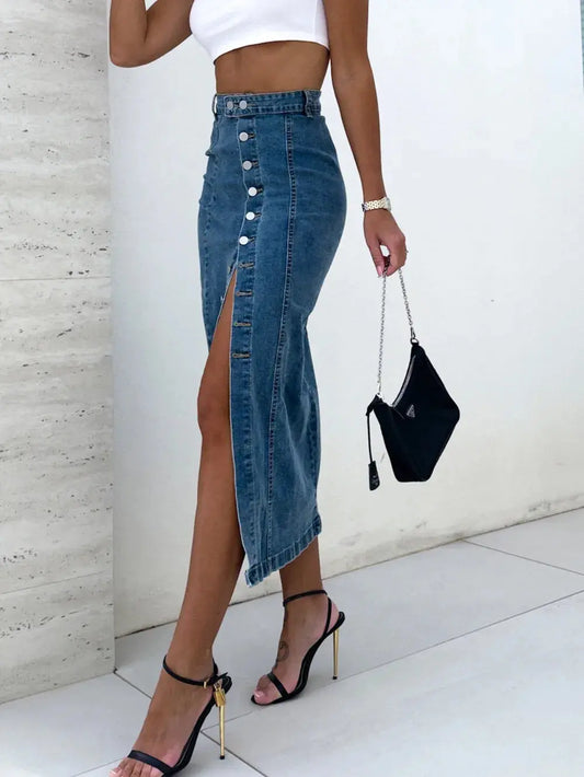Falda vaquera midi con botones y aberturas eprolo