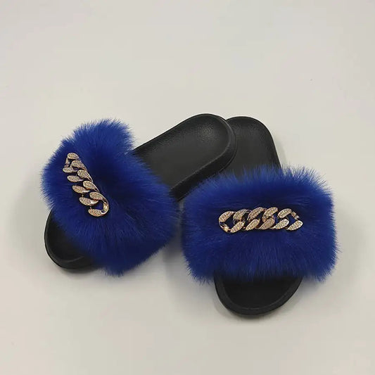 Chanclas de piel de zorro sintética de peluche, pantuflas de moda Skinluminova