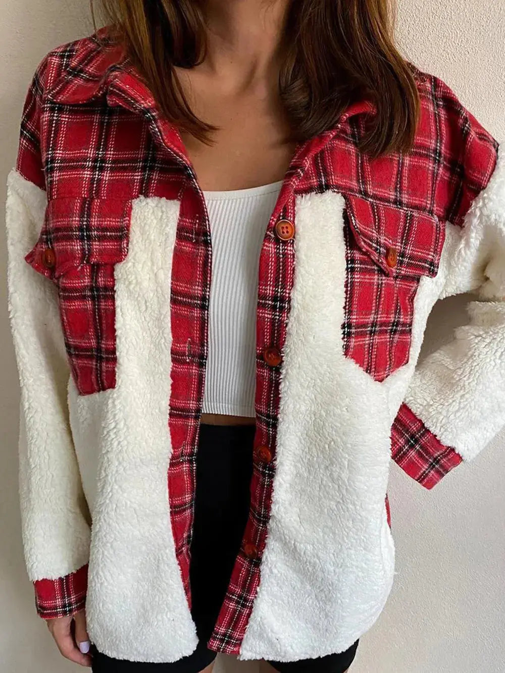 Fuzzy Button Up Long Sleeve Jacket - Skinluminova