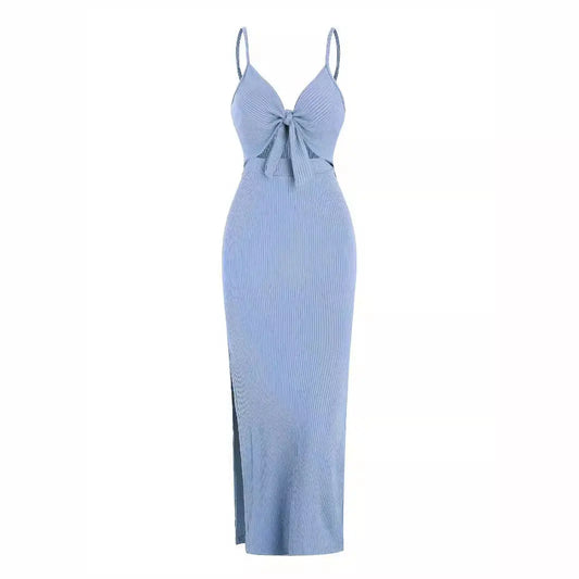 Vestido largo de mujer con tirantes con cuello en V, tirantes ahuecados, abertura, corte ajustado, sin espalda, vestido sexy de verano eprolo