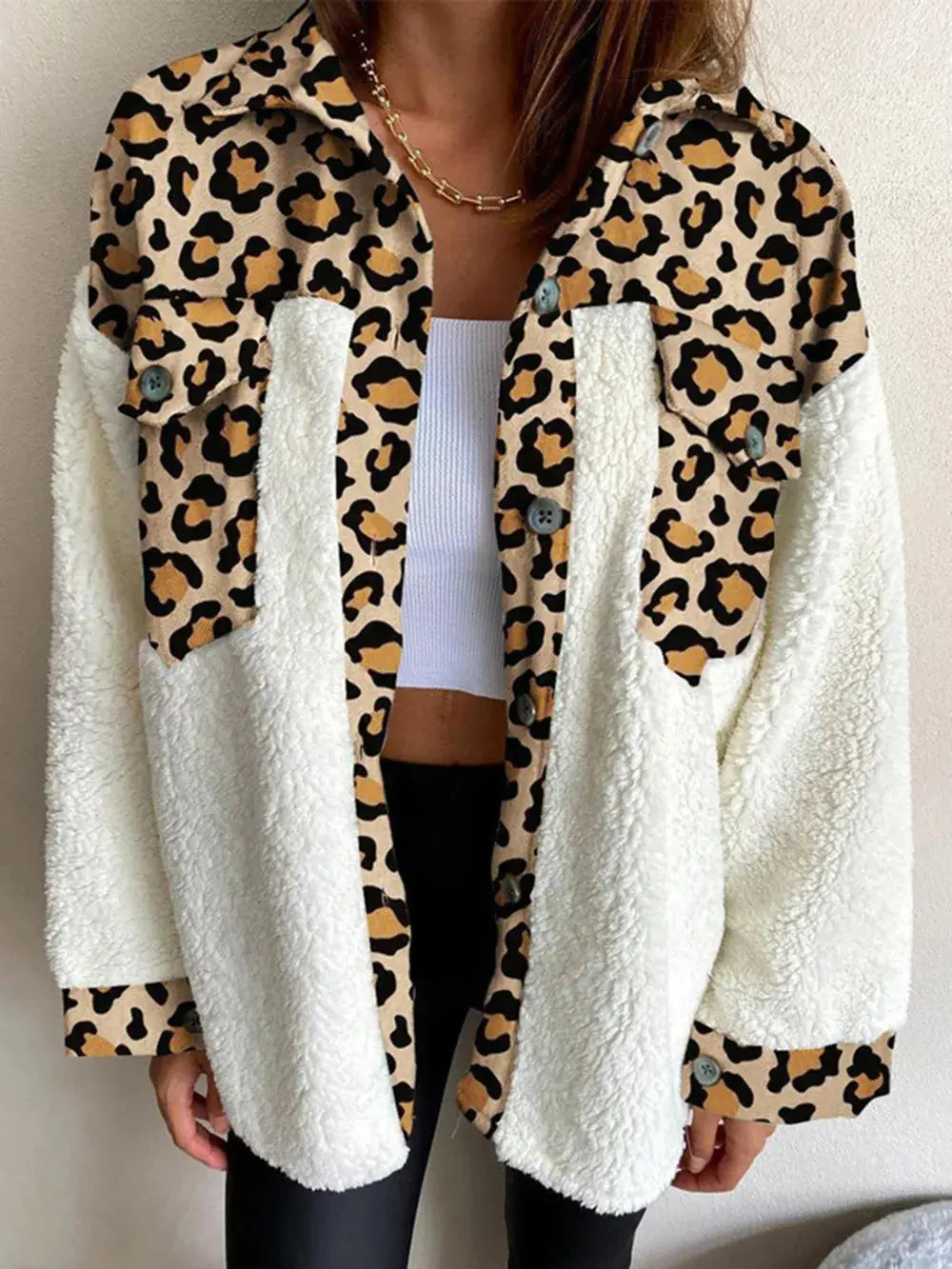 Fuzzy Button Up Long Sleeve Jacket - Skinluminova