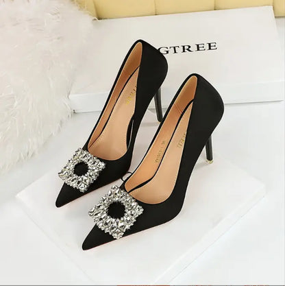 Zapatos de tacón alto para banquete de primavera y otoño, zapatos de mujer, tacón súper alto, boca poco profunda, punta estrecha, hebilla de diamantes de imitación de satén eprolo