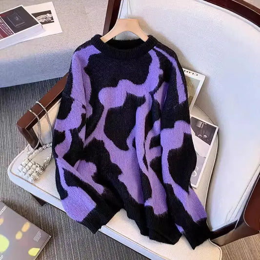 Suéter con estampado de leopardo morado para mujer en otoño e invierno, suéter de punto ajustado y de longitud media eprolo