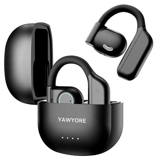 Auriculares Bluetooth 5.3 YAWYORE con gancho y micrófono, sonido nítido, 60 h de reproducción, resistencia IPX7, ligeros y cómodos. Ideales para correr y entrenar. Color negro. Skinluminova