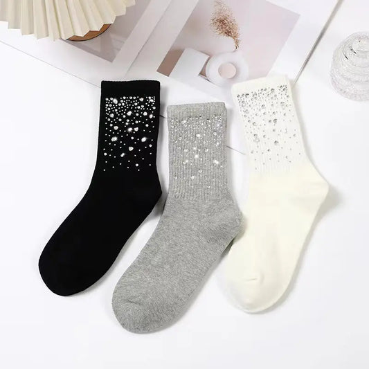 Calcetines de tubo medio versátiles de lujo ligeros con diseño de cielo estrellado y diamantes de imitación de estilo industrial pesado de primavera y otoño. eprolo