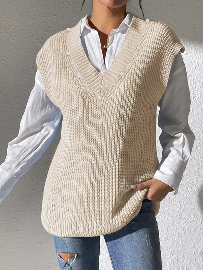 Chaleco sencillo con cuello en V y tejido de perlas con tachuelas. eprolo