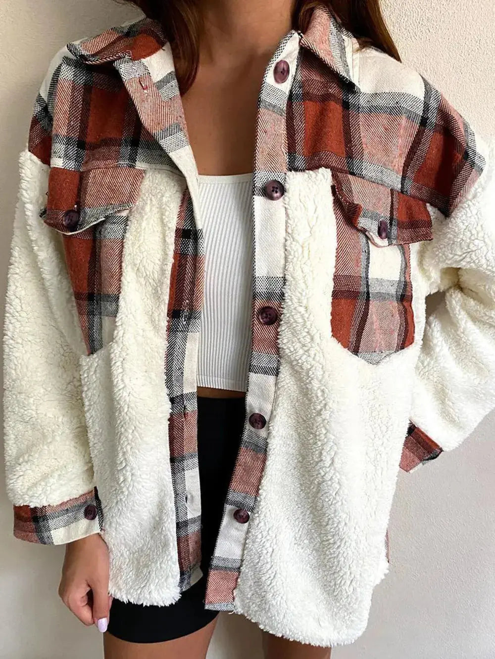Fuzzy Button Up Long Sleeve Jacket - Skinluminova