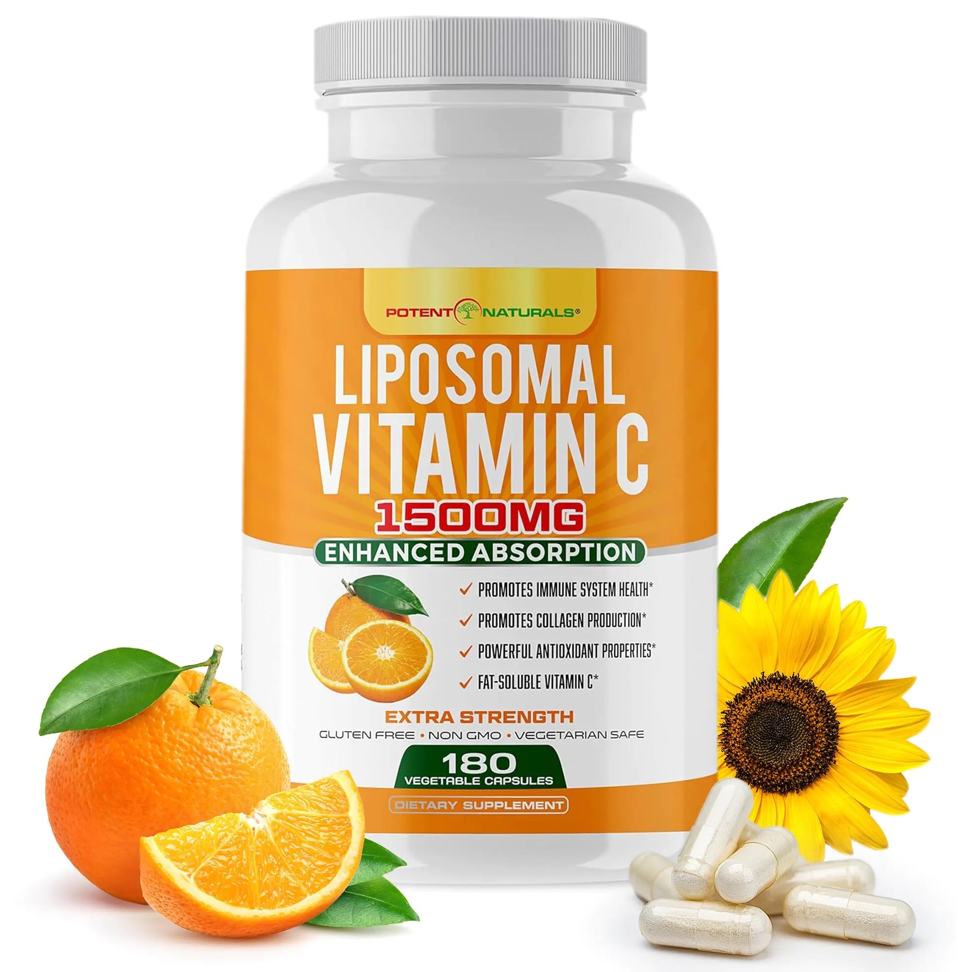 POTENT NATURALS Liposomal Vitamina C 1500mg - Suplemento de Vitamina C de Alta Absorción Ácido Ascórbico - Suplemento de Apoyo Inmunológico y Ayuda en la Producción de Colágeno - 180 Cápsulas Skinluminova