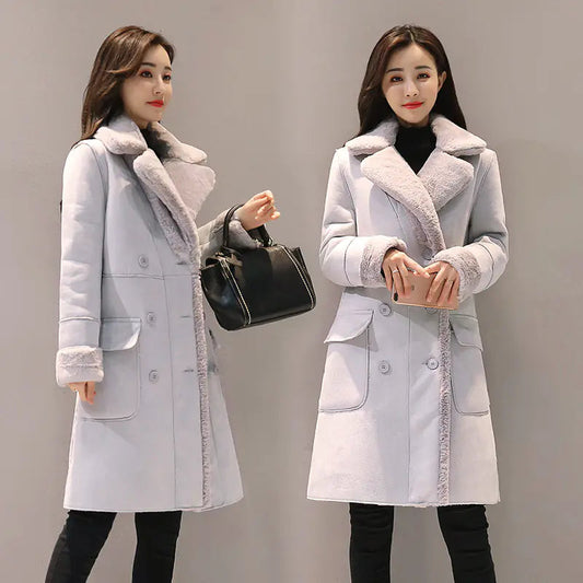 Abrigo largo de lana de cordero para mujer - Estilo coreano de invierno Skinluminova