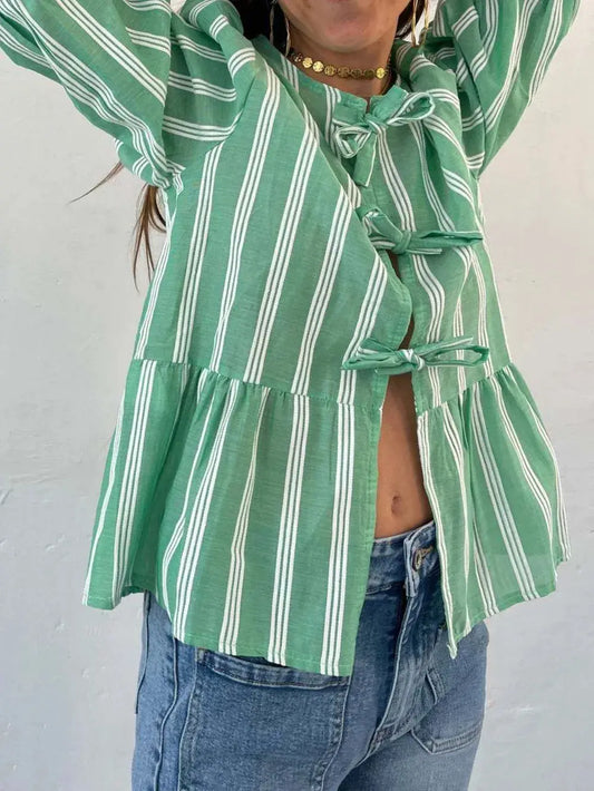 Camisa con manga globo y cuello redondo atado eprolo