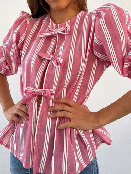 Camisa con manga globo y cuello redondo atado eprolo