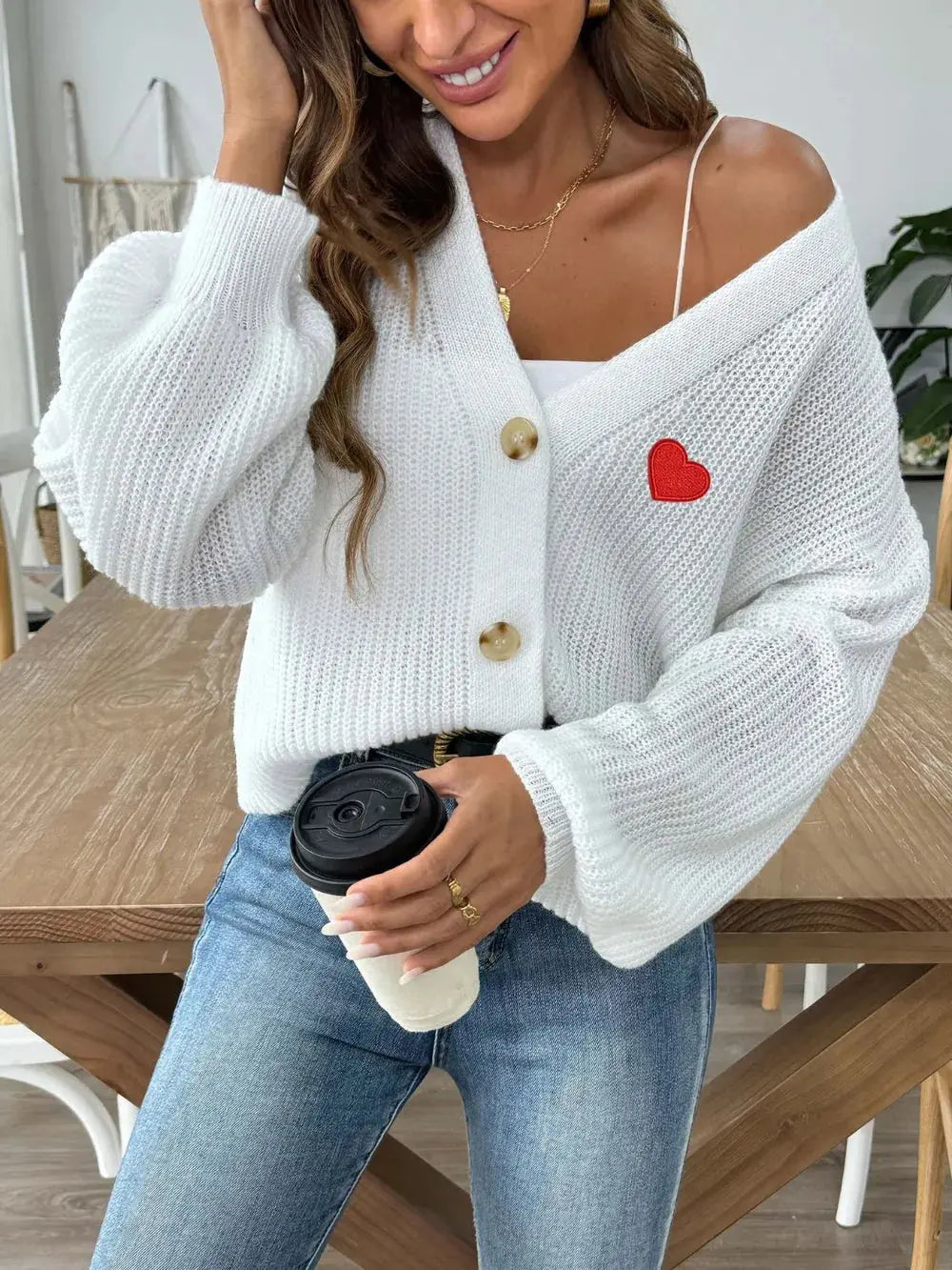 Mujer Otoño/Invierno Nueva Colección Love Stickers Chaqueta de botones cortos Suéter eprolo