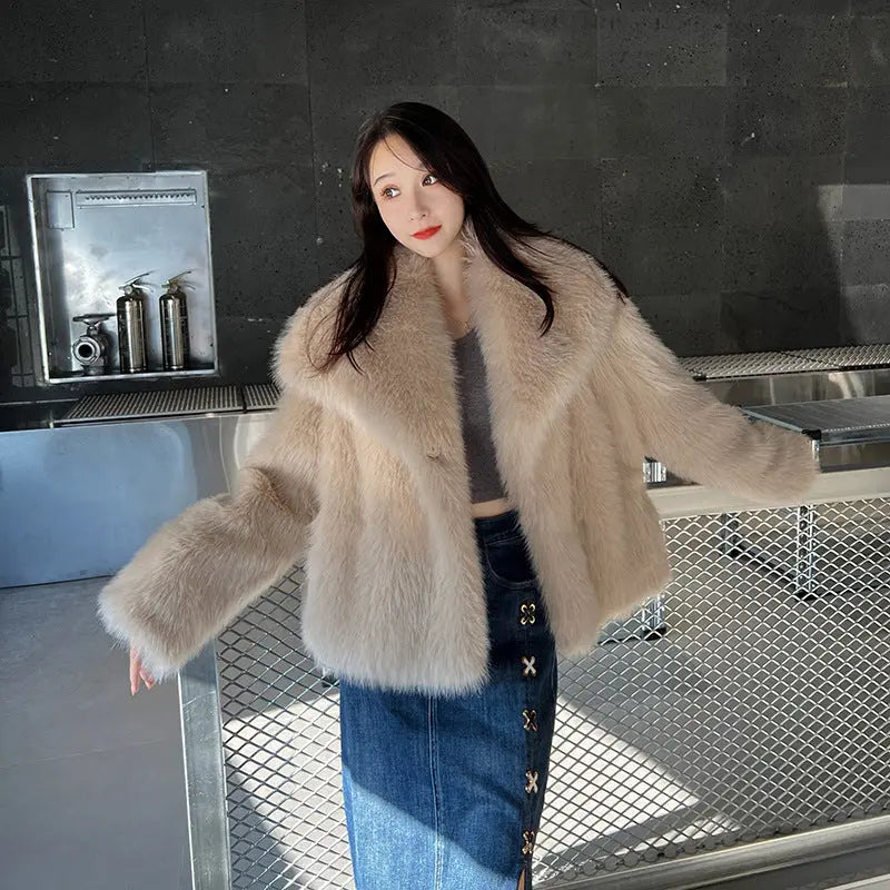 Abrigo de piel sintética de solapa grande de moda, elegante y socialité, abrigo cálido de manga larga, top de piel eprolo