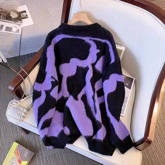 Suéter con estampado de leopardo morado para mujer en otoño e invierno, suéter de punto ajustado y de longitud media eprolo