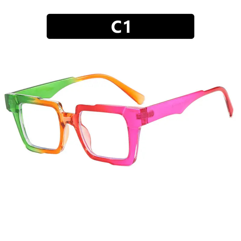 Montura de gafas cuadradas con bloqueo de color, lentes planas antiluz azul, montura de gafas de moda, sensación de alta gama, personalidad exagerada, femenina eprolo