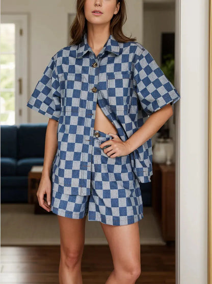Conjunto de top y pantalones cortos de media manga con botones a cuadros eprolo