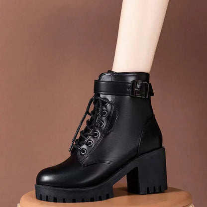 Botas Martin de moda para mujer con punta redonda, cordones, hebilla y suela gruesa, de tubo corto eprolo