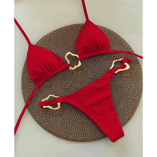 Traje de baño de mujer sexy de color sólido de metal con bikini europeo y americano, traje de baño de mujer eprolo