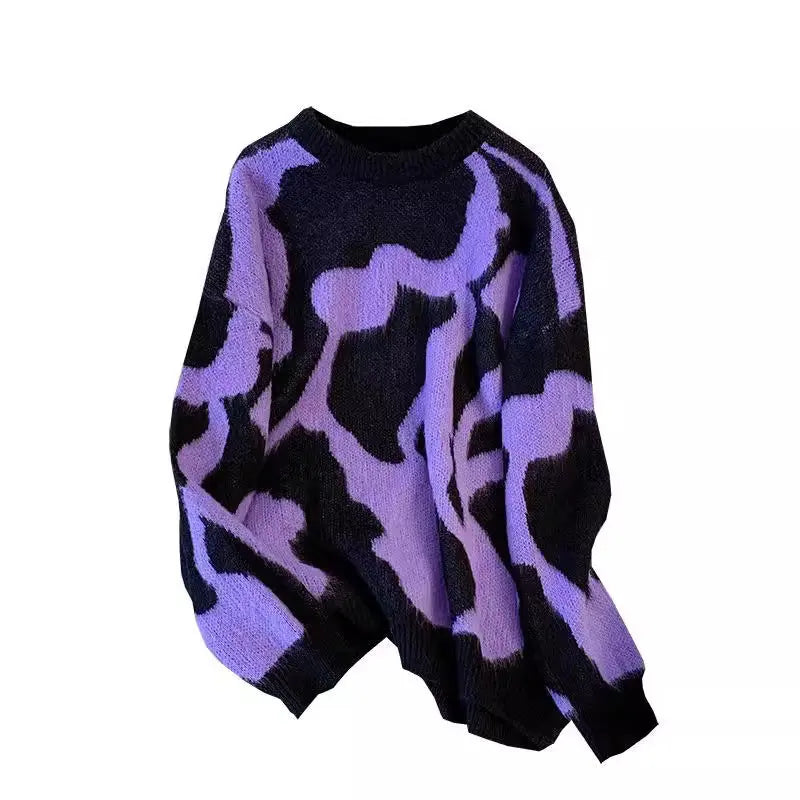Suéter con estampado de leopardo morado para mujer en otoño e invierno, suéter de punto ajustado y de longitud media eprolo
