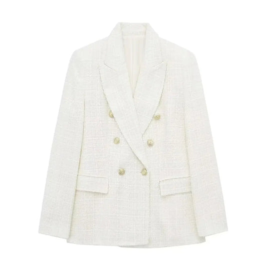 Chaqueta de traje de doble botonadura con textura de color sólido retro nueva de otoño europeo y americano para mujer eprolo