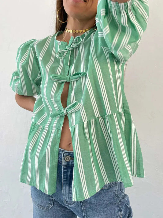 Camisa con manga globo y cuello redondo atado eprolo