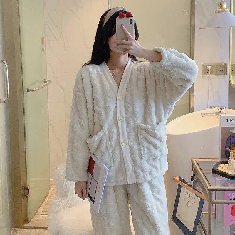 Conjunto de pijama de polar coral de alta gama para mujer, traje holgado y cálido de manga larga para otoño e invierno eprolo