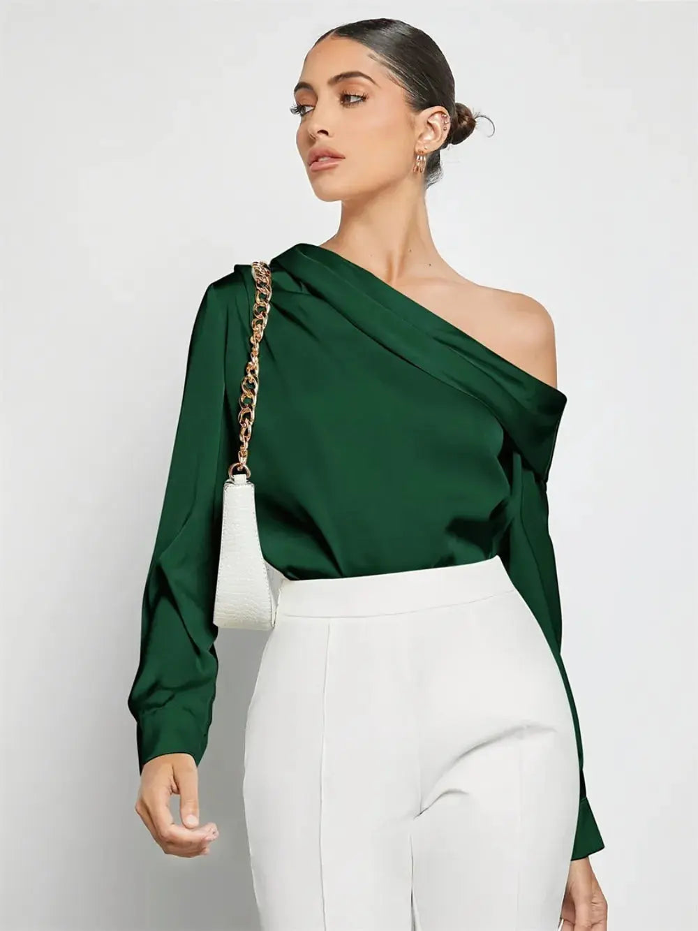 Top camisero de satén doblado otoño e invierno camisa de manga larga con hombros descubiertos ropa de mujer eprolo