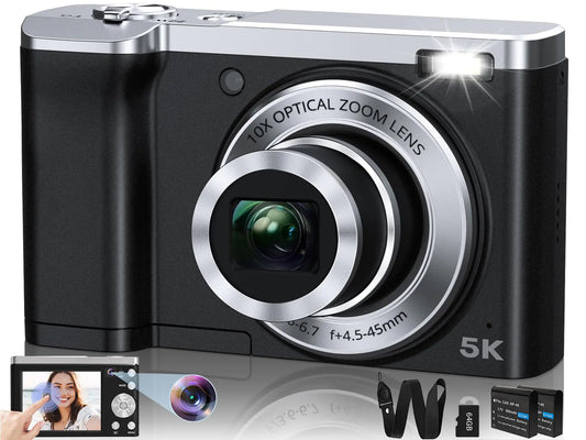 Cámara digital 5K 56MP | Autoenfoque | Zoom óptico 10X | Cámara compacta para vlogs | Antivibración 6 ejes | Pantalla táctil | Incluye tarjeta SD de 64GB y 2 baterías. Skinluminova