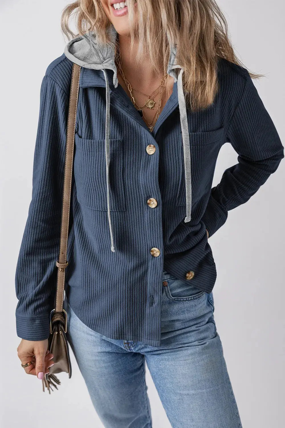 Chaqueta con capucha de manga larga con botones y cordón ajustable eprolo