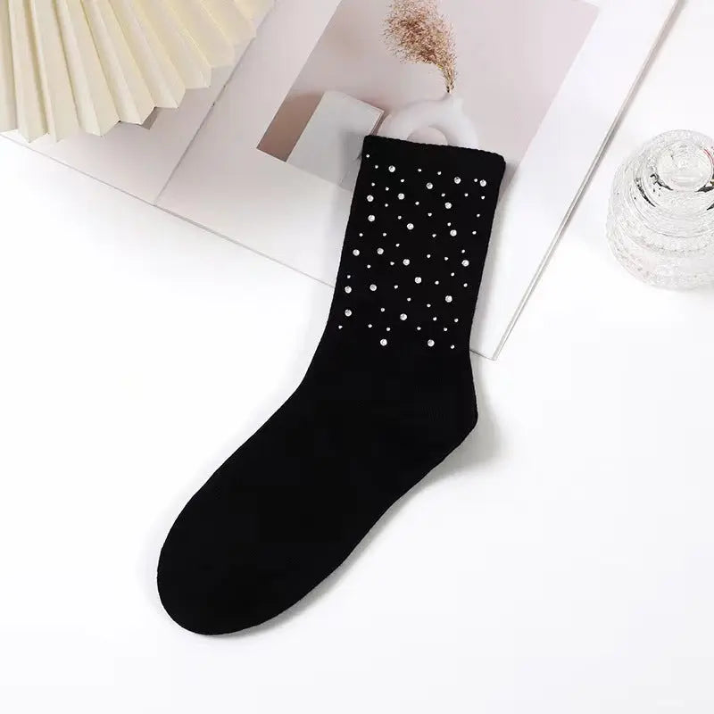 Calcetines de tubo medio versátiles de lujo ligeros con diseño de cielo estrellado y diamantes de imitación de estilo industrial pesado de primavera y otoño. eprolo