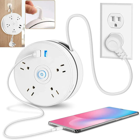 Regleta retráctil 1.8 m con 4 tomas, 2 puertos USB, protección contra sobretensiones y gancho. Ideal para viajes y espacios de trabajo. Color blanco, compacta y fácil de almacenar. Skinluminova