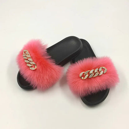 Chanclas de piel de zorro sintética de peluche, pantuflas de moda Skinluminova