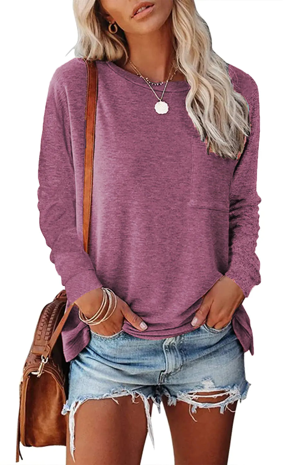 Camiseta Casual de Manga Larga con Bolsillo Dividido Skinluminova