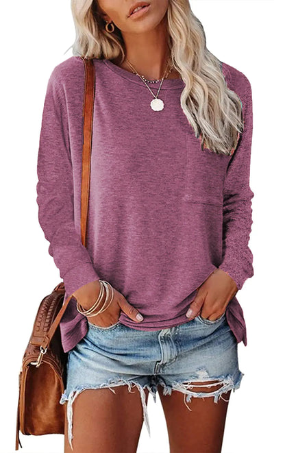 Camiseta Casual de Manga Larga con Bolsillo Dividido Skinluminova