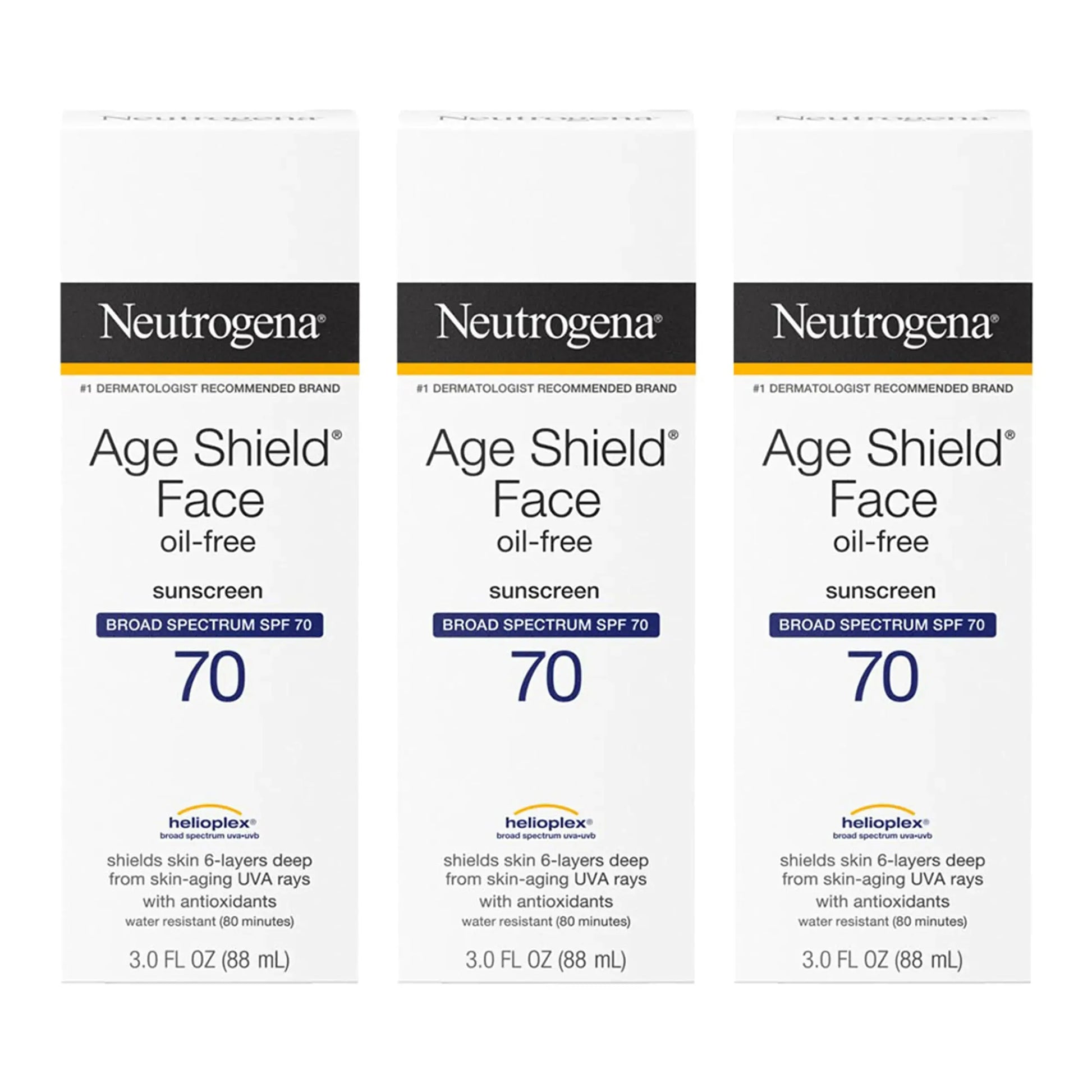 Loción solar facial Neutrogena Age Shield FPS 70, sin aceite, no comedogénica, hidratante, sin PABA, 3 oz (paquete de 3). Skinluminova