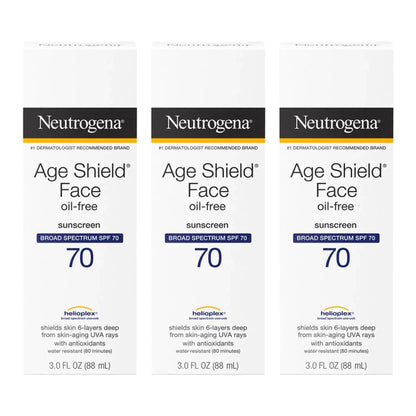 Loción solar facial Neutrogena Age Shield FPS 70, sin aceite, no comedogénica, hidratante, sin PABA, 3 oz (paquete de 3). Skinluminova